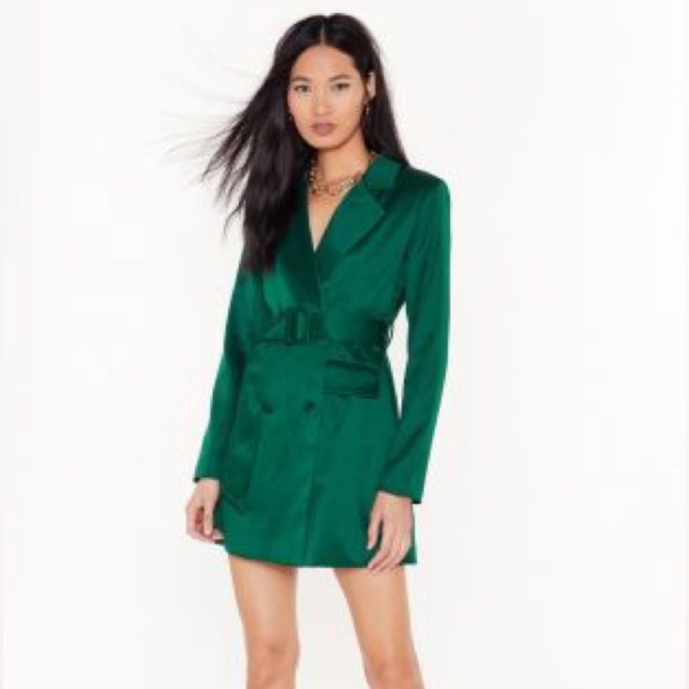 Nasty Gal Taking Care of Business Emerald Green Satin Blazer Dress